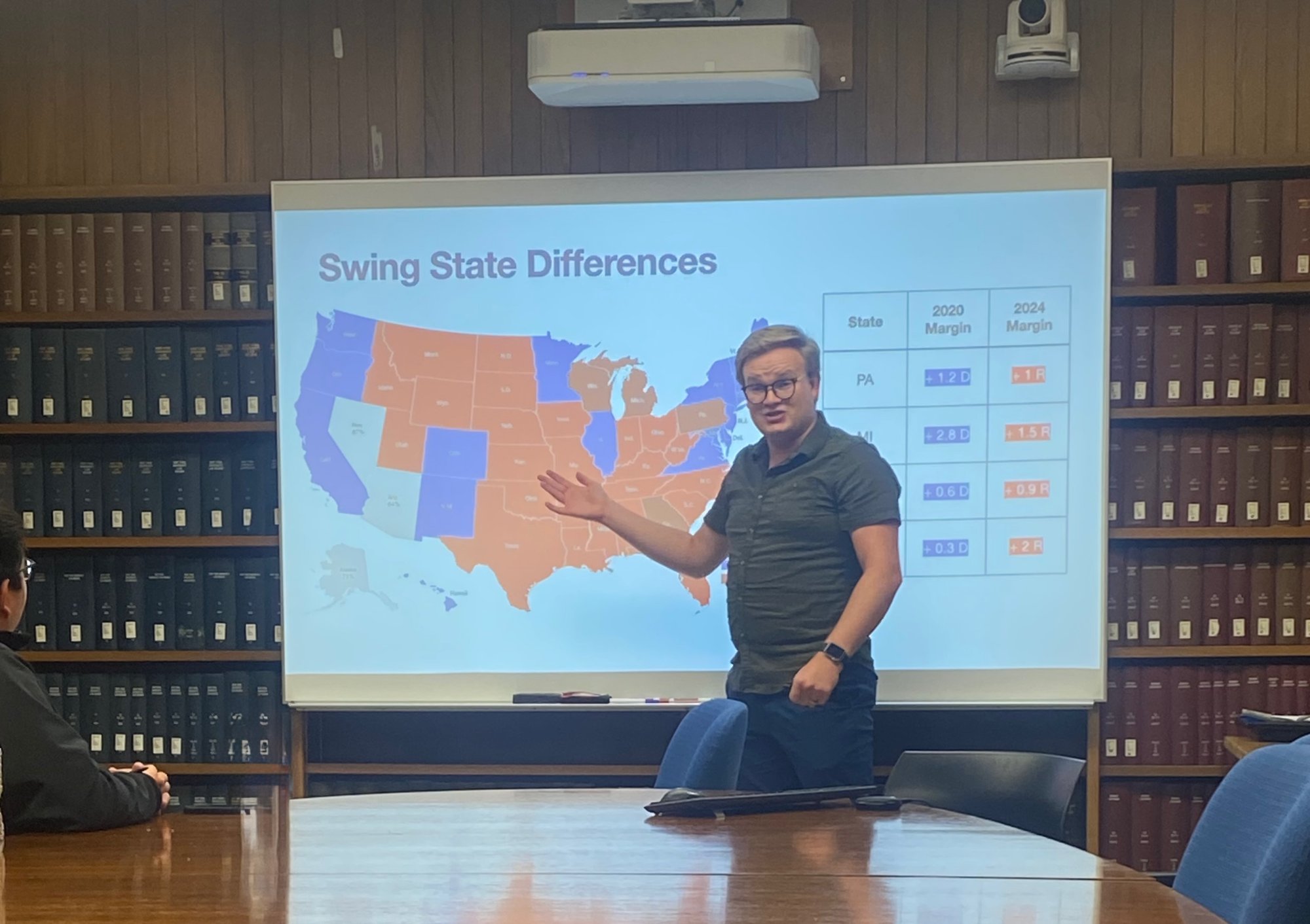 Grant presenting a slide on swing state differences in a seminar room